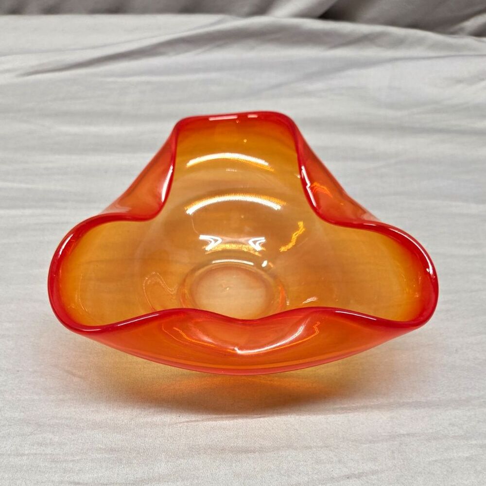 Vintage Viking Glass Orange Amberina/Cadmium Tri-Corner Folded Rim Ashtray/Dish